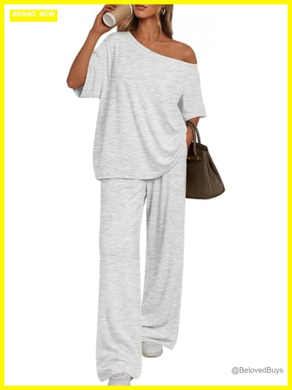 Off Shoulder Oversized Tee & Wide Leg Pants Lounge Set - Soft Rayon Spandex